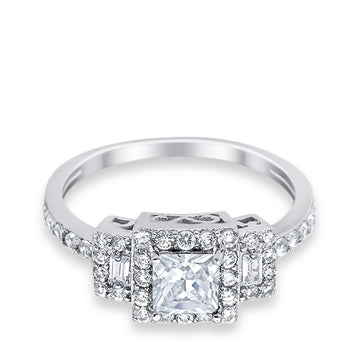 Halo Wedding Ring Baguette Simulated Cubic Zirconia 925 Sterling Silver